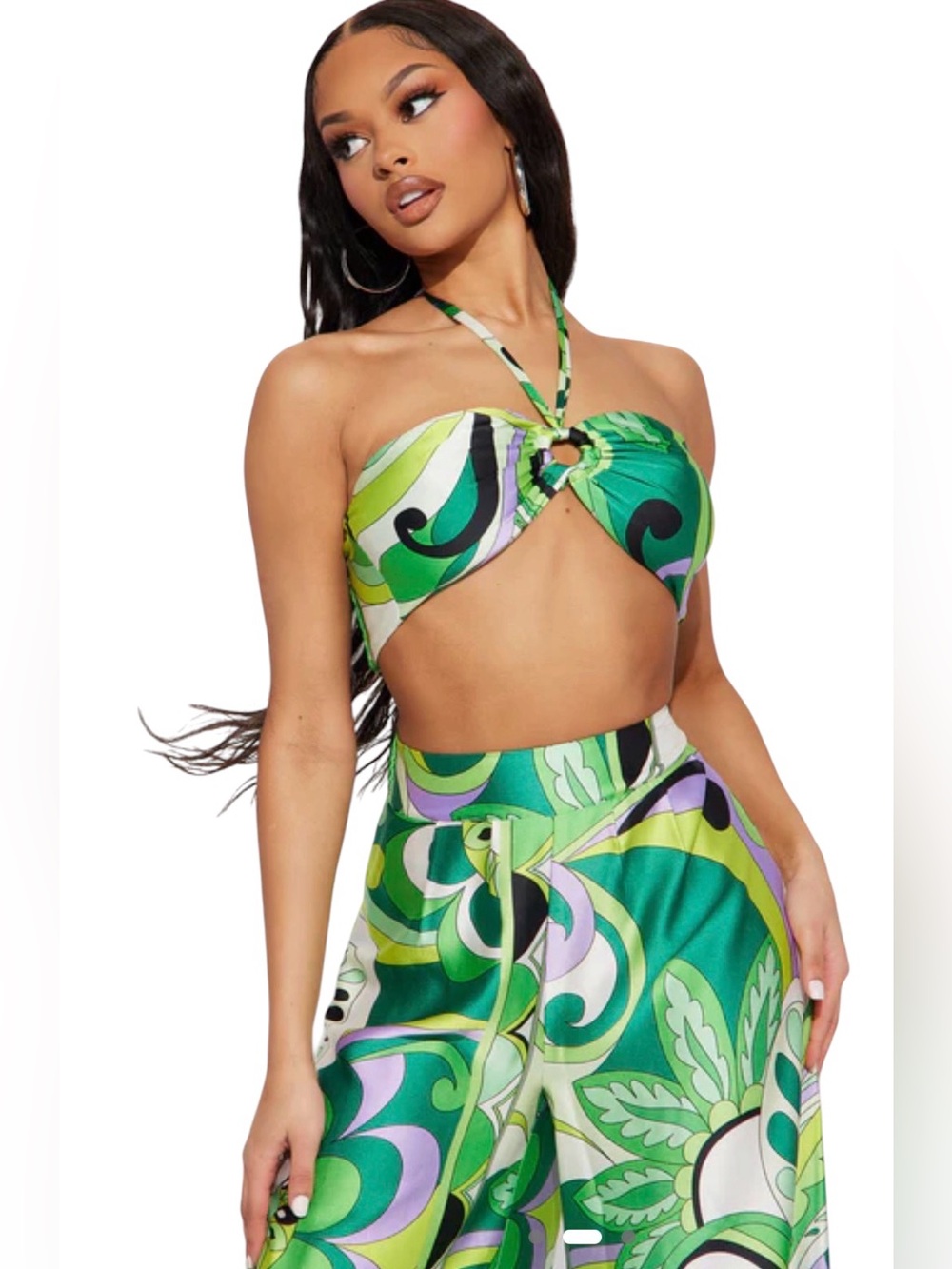 2 pc Vibrant Green Swirl Halter Bikini Top and Wide leg Psychedelic Pants, XS